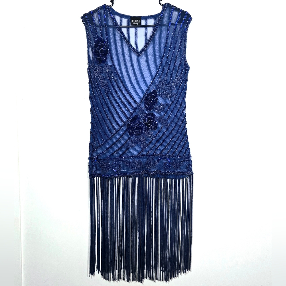 Blue Sheer Beaded Sequin Fringe 1920s Flapper Costume Dress